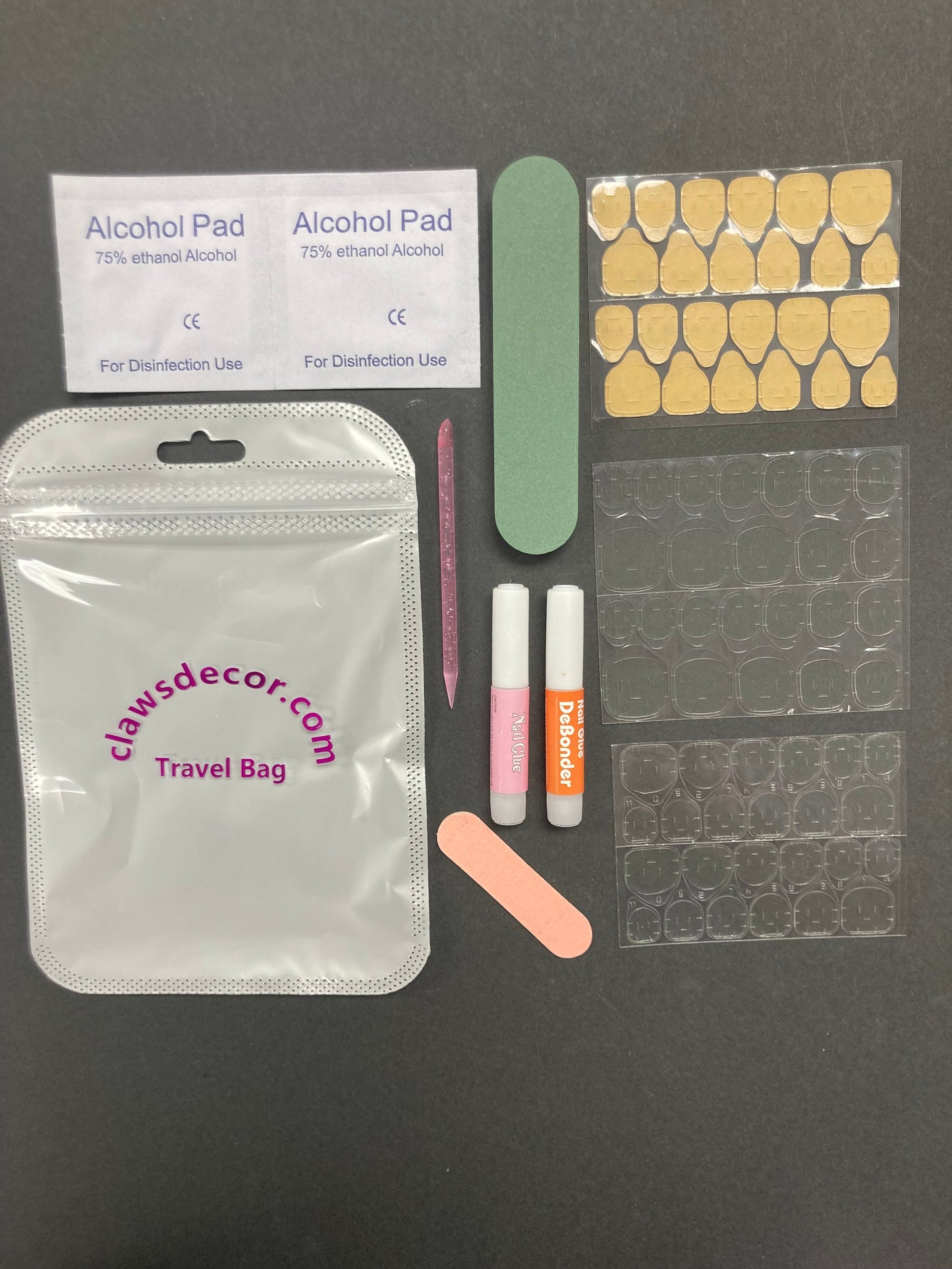 Press On Nail Travel Application Kit with Adhesive Tabs Glue File Alcohol Pads