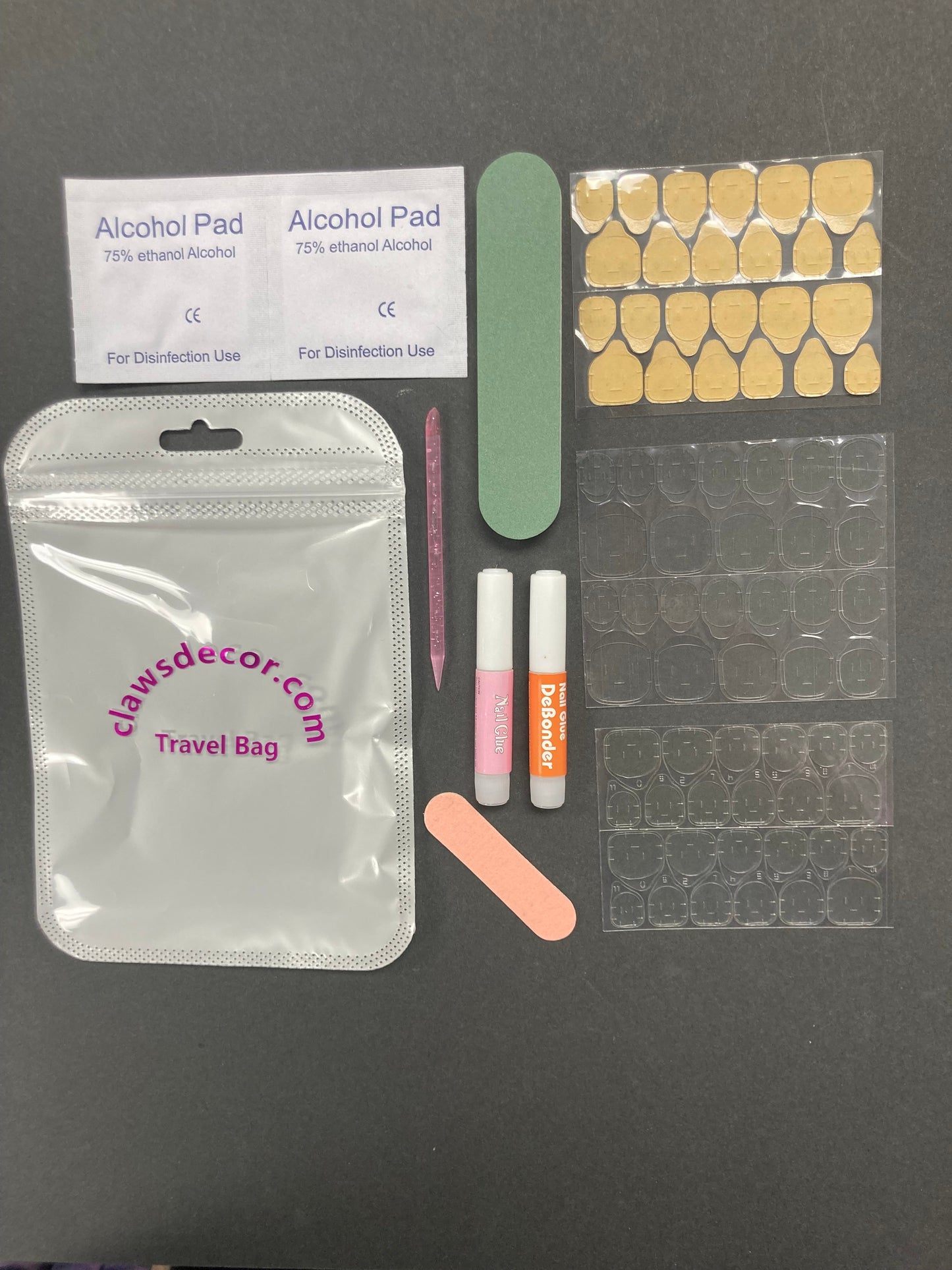 Press On Nail Travel Application Kit with Adhesive Tabs Glue File Alcohol Pads
