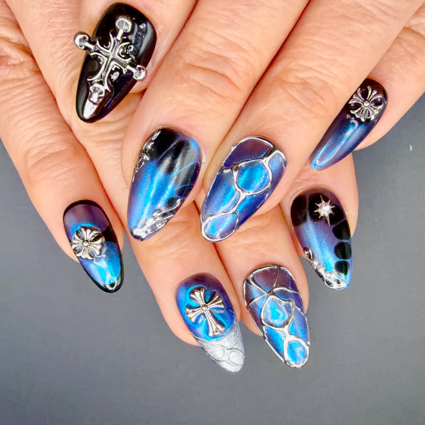 Midnight Sapphire Gothic Cross Press-On Nails | Blue Chrome 3D Nails