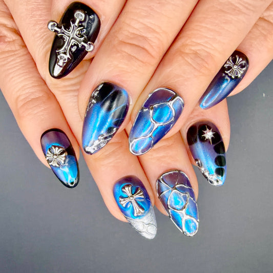 Midnight Sapphire Gothic Cross Press-On Nails | Blue Chrome 3D Nails
