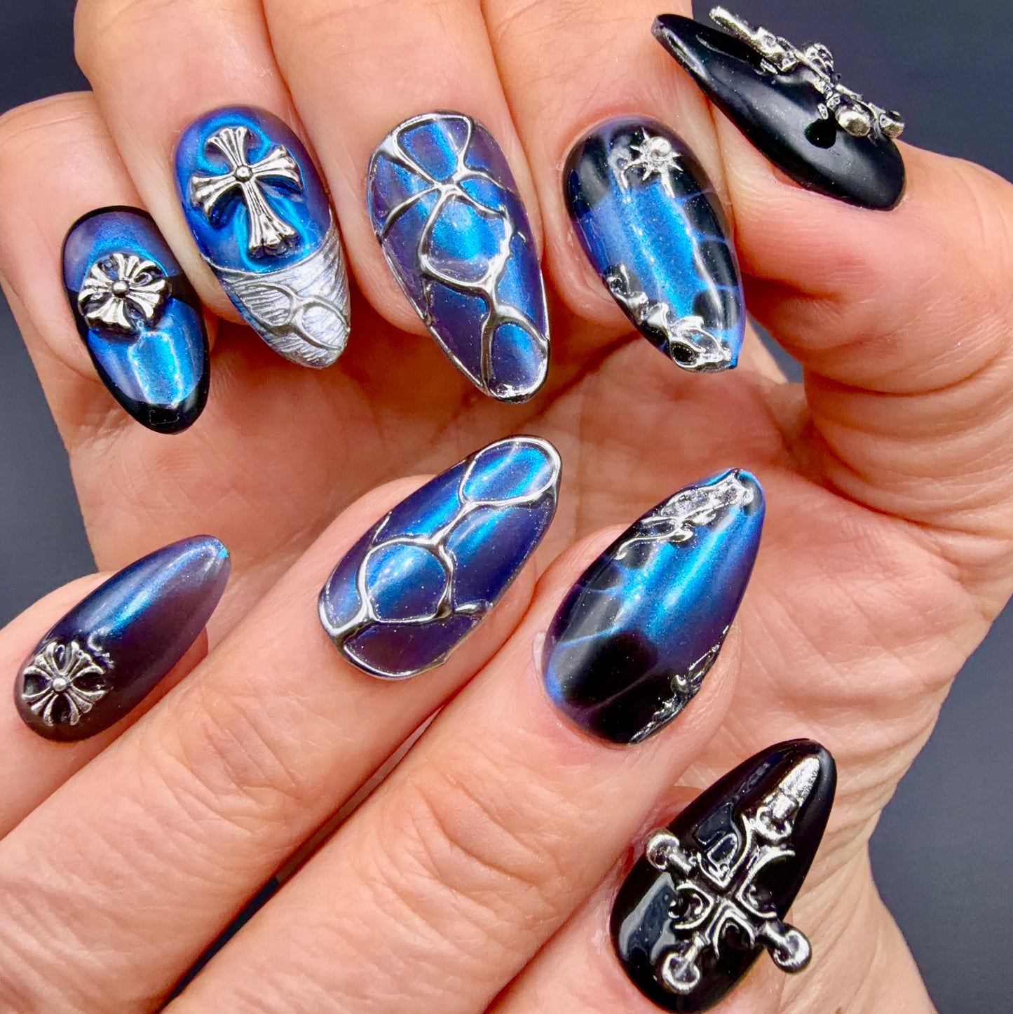 Midnight Sapphire Gothic Cross Press-On Nails | Blue Chrome 3D Nails