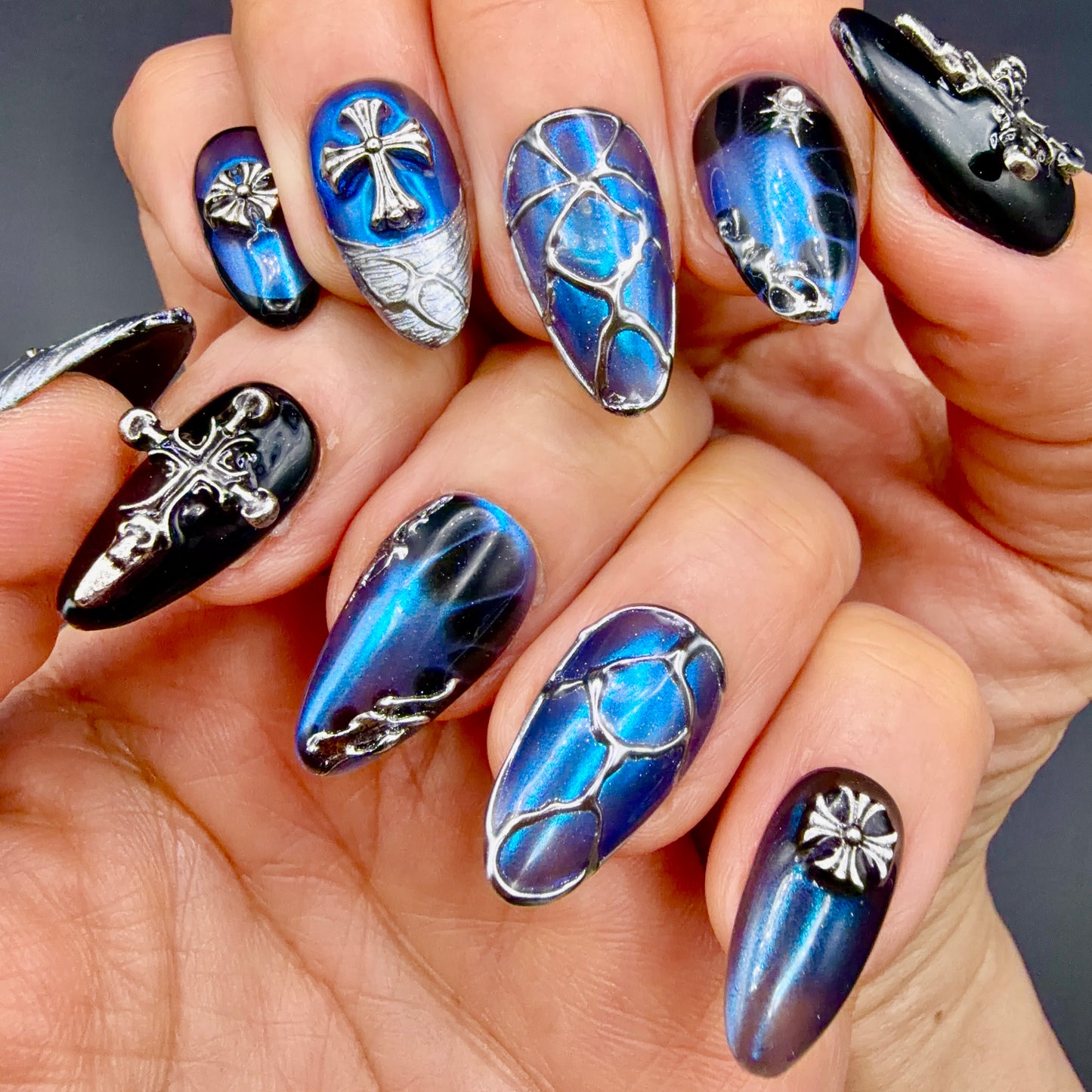 Midnight Sapphire Gothic Cross Press-On Nails | Blue Chrome 3D Nails