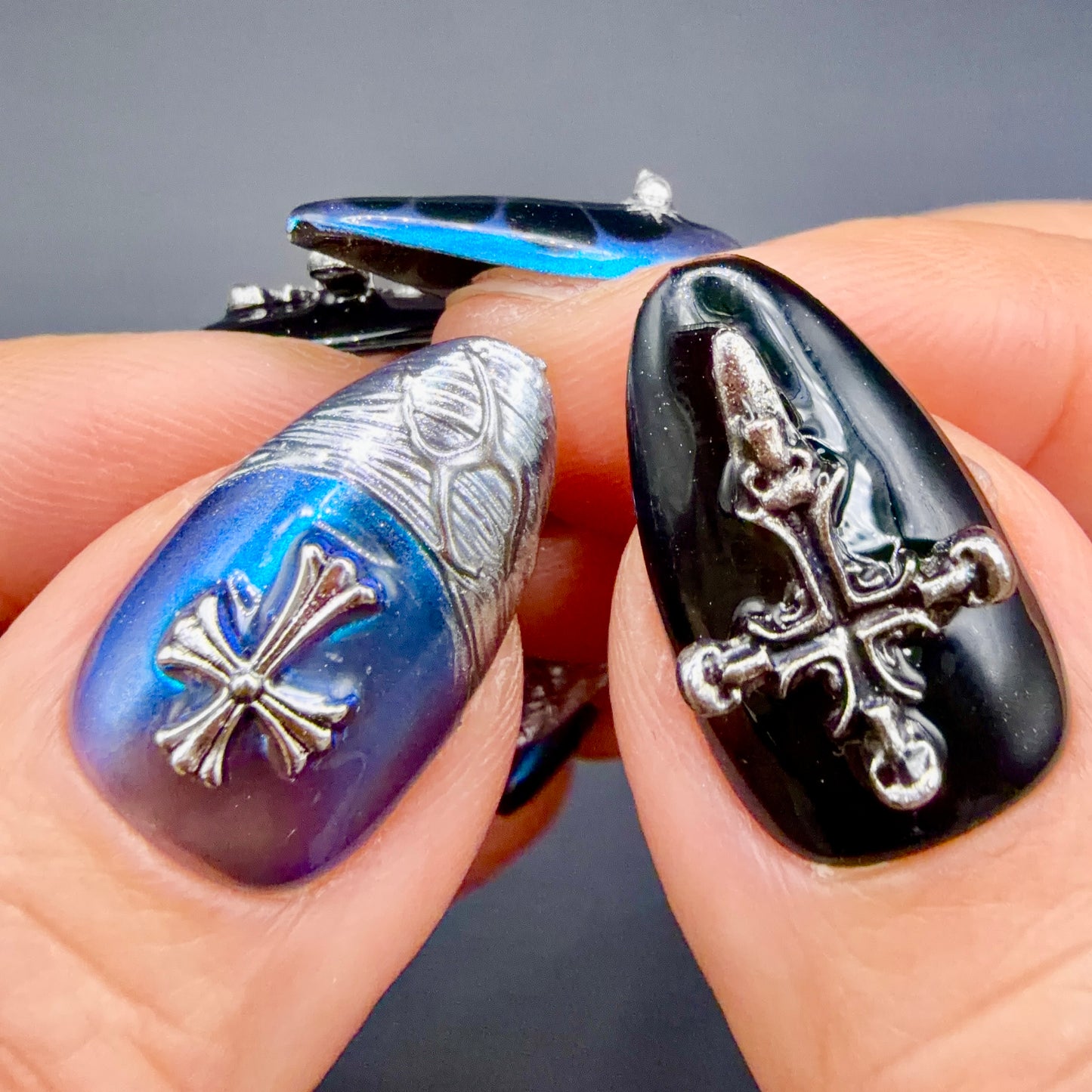 Midnight Sapphire Gothic Cross Press-On Nails | Blue Chrome 3D Nails