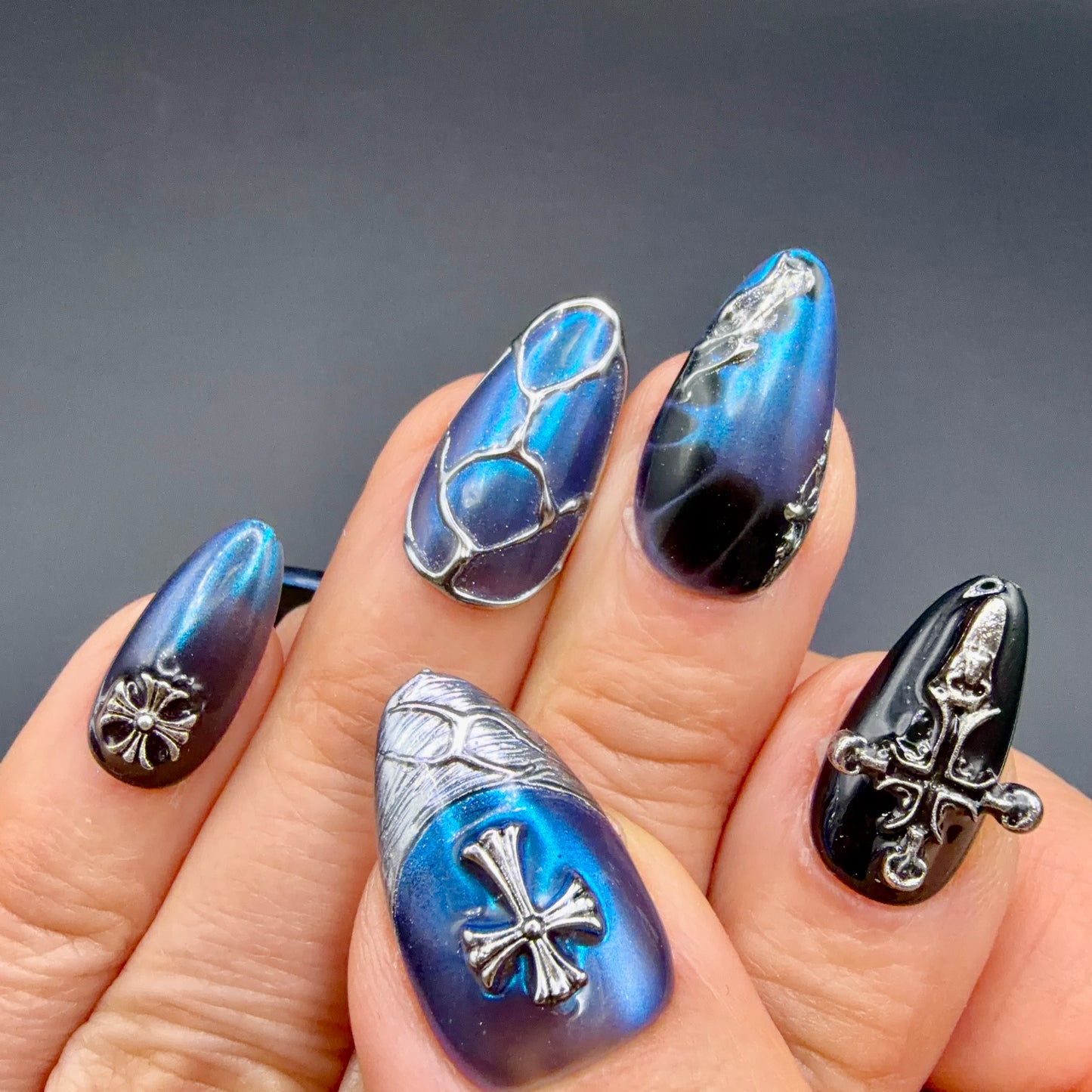 Midnight Sapphire Gothic Cross Press-On Nails | Blue Chrome 3D Nails