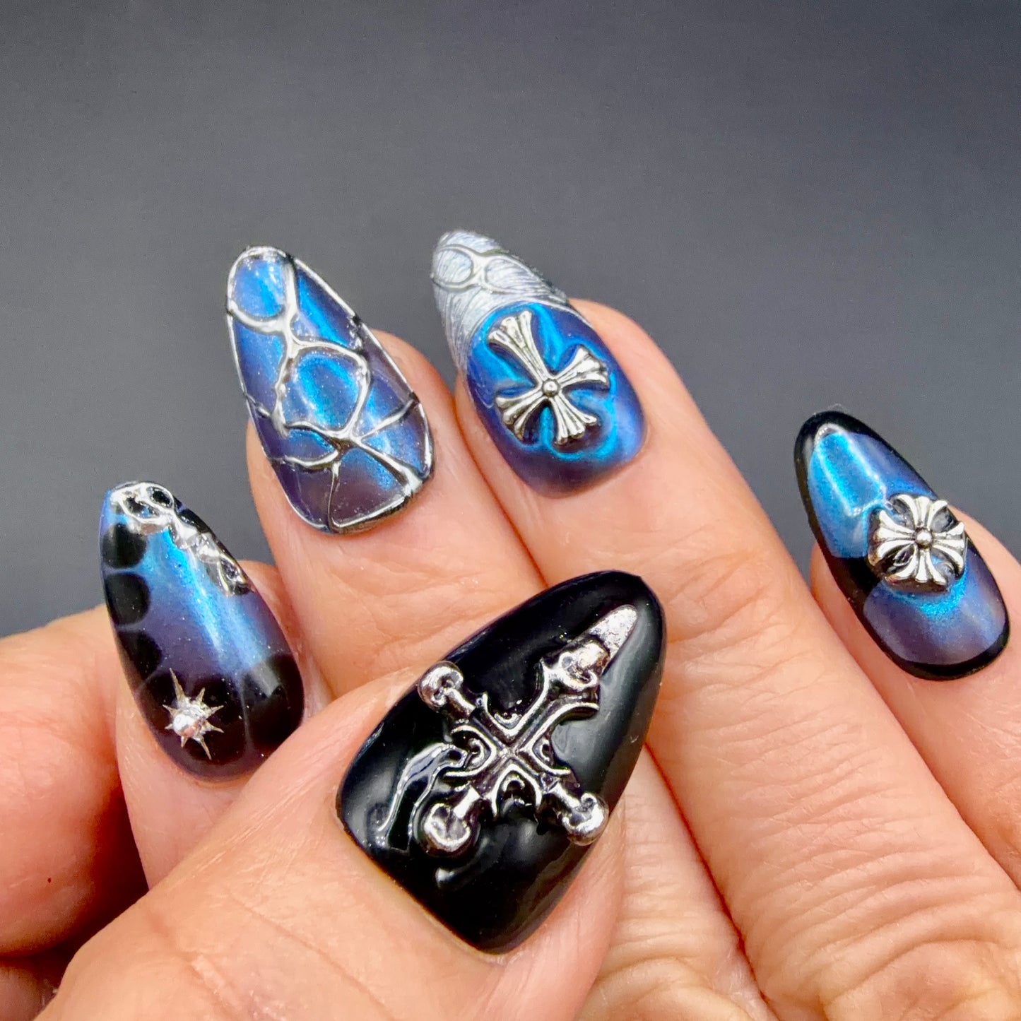 Midnight Sapphire Gothic Cross Press-On Nails | Blue Chrome 3D Nails