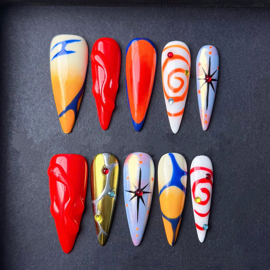Retro Atomic Pop Press-On Nails – Handmade Mid-Century Modern Nail Set with Space Age Swirls, Starbursts & Sculpted Art