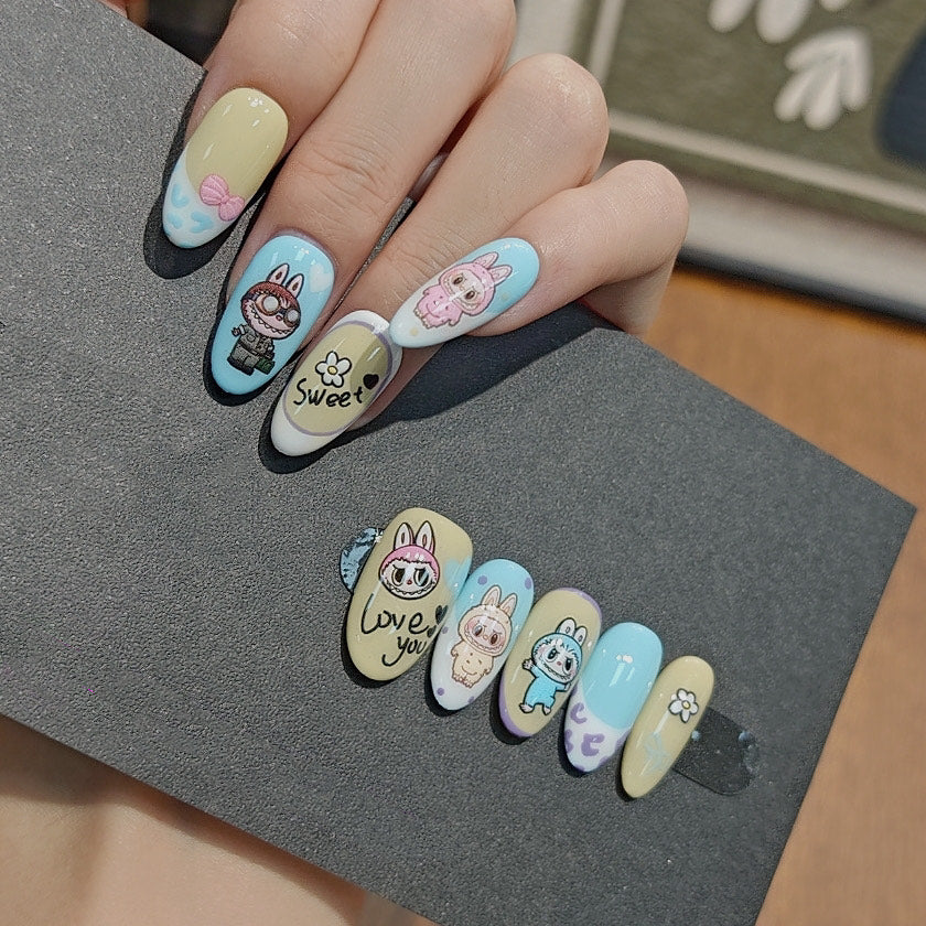 Labubu Cute Cartoon Press On Nails in Blue and Beige – Sweet Pastel Character Nail Art