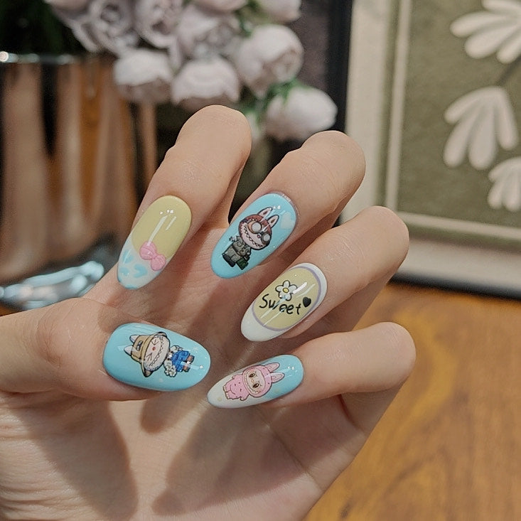 Labubu Cute Cartoon Press On Nails in Blue and Beige – Sweet Pastel Character Nail Art