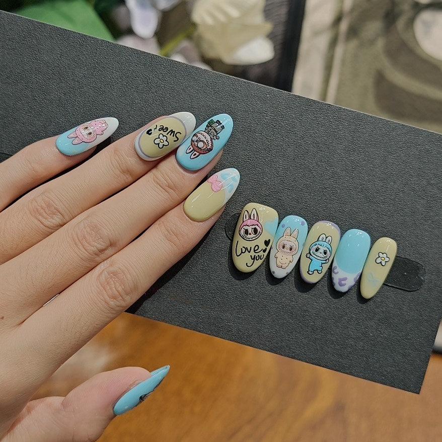 Labubu Cute Cartoon Press On Nails in Blue and Beige – Sweet Pastel Character Nail Art