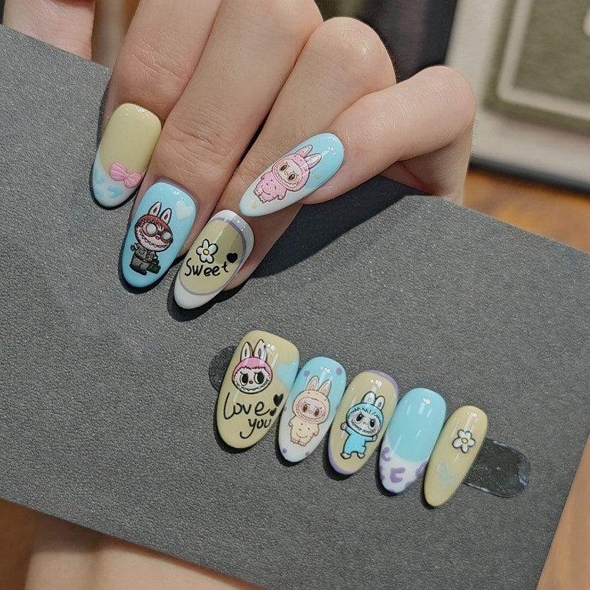 Labubu Cute Cartoon Press On Nails in Blue and Beige – Sweet Pastel Character Nail Art
