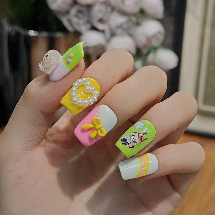 3D Labubu Press On Nails – Kawaii Cartoon Nail Art in Yellow Pink Green with Bows and Pearls