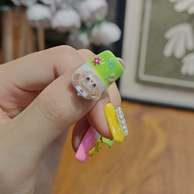 3D Labubu Press On Nails – Kawaii Cartoon Nail Art in Yellow Pink Green with Bows and Pearls