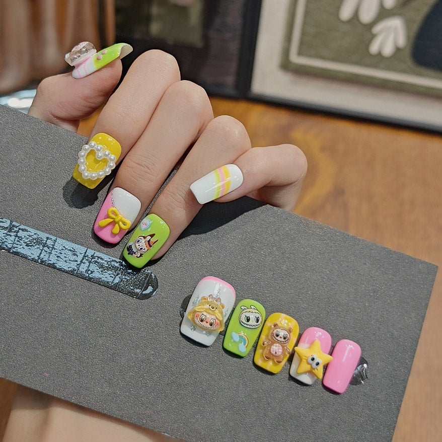 3D Labubu Press On Nails – Kawaii Cartoon Nail Art in Yellow Pink Green with Bows and Pearls