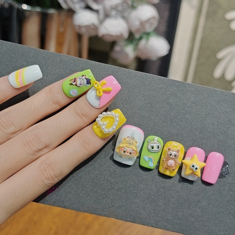 3D Labubu Press On Nails – Kawaii Cartoon Nail Art in Yellow Pink Green with Bows and Pearls