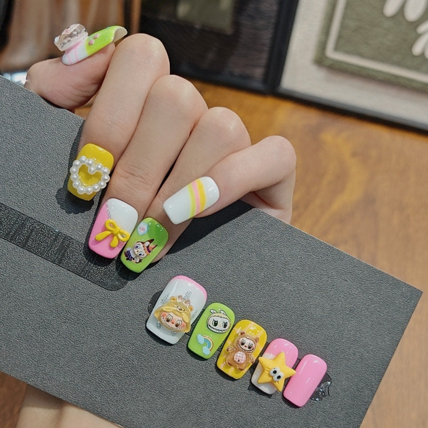 3D Labubu Press On Nails – Kawaii Cartoon Nail Art in Yellow Pink Green with Bows and Pearls