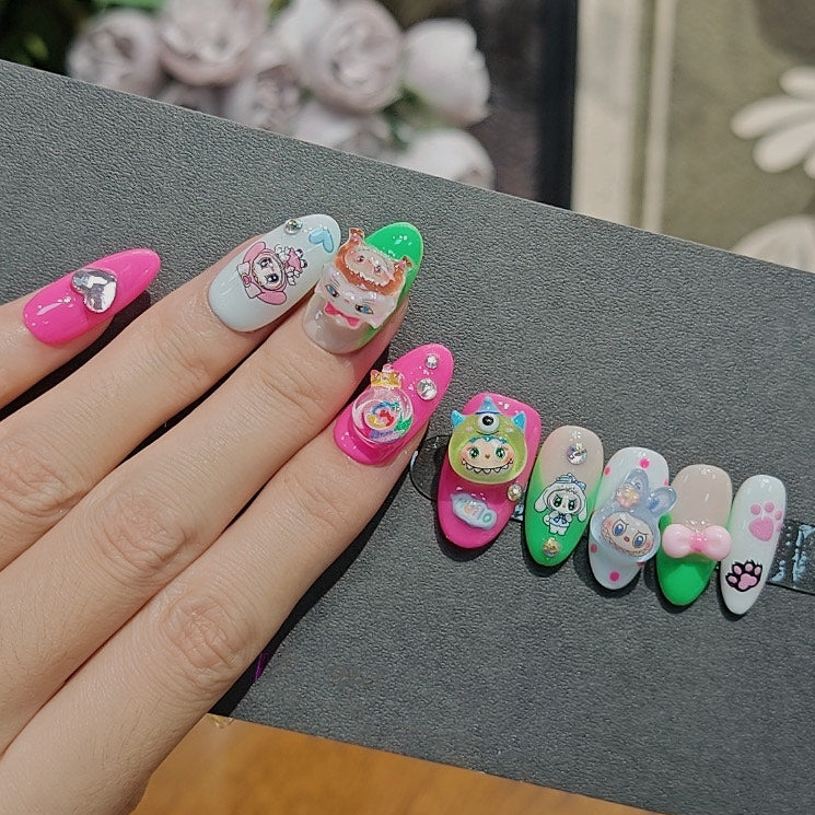Labubu Monster Popmart Press On Nails – 3D Cartoon Nail Art in Pink Green White with Charms and Crystals