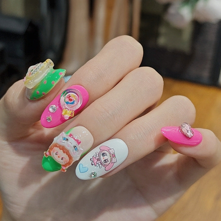 Labubu Monster Popmart Press On Nails – 3D Cartoon Nail Art in Pink Green White with Charms and Crystals
