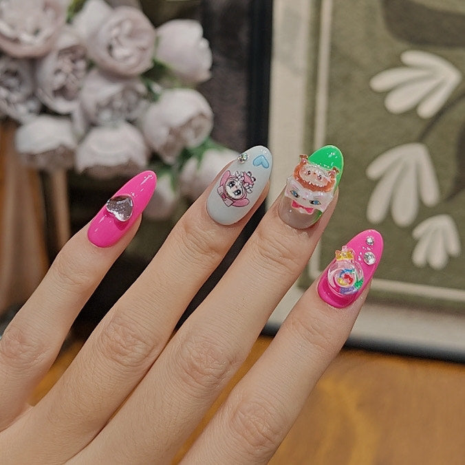 Labubu Monster Popmart Press On Nails – 3D Cartoon Nail Art in Pink Green White with Charms and Crystals