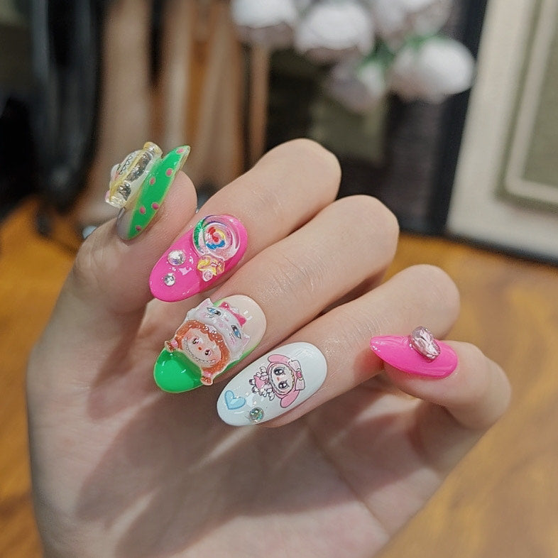 Labubu Monster Popmart Press On Nails – 3D Cartoon Nail Art in Pink Green White with Charms and Crystals