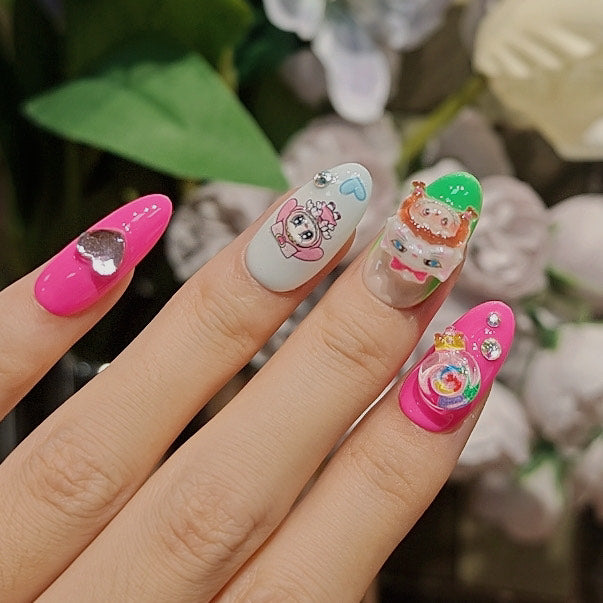 Labubu Monster Popmart Press On Nails – 3D Cartoon Nail Art in Pink Green White with Charms and Crystals