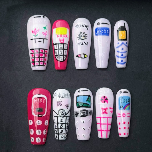 Retro Cellphone Press On Nails – Hand Painted 90s Y2K Flip Phone Design Nails Cute Quirky Kawaii Nail Art Set