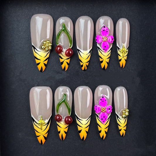 Tropical Blossom & Fruit Accent Stiletto Nails