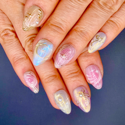 Pearl Moonlight Pink Celestial Press-On Nails | Gold Bow & Star Nails