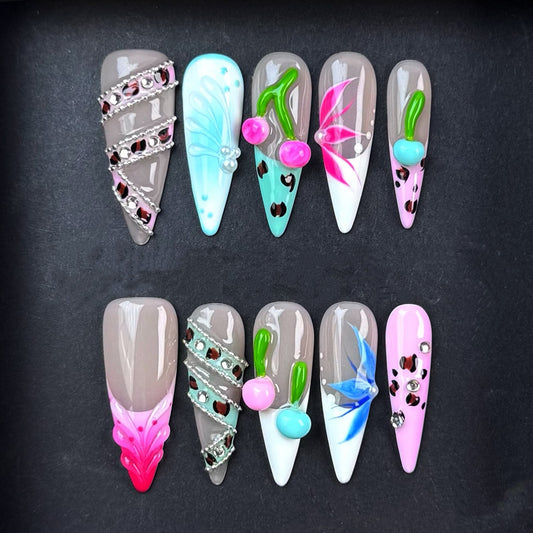 Colorful Mixed Design Press On Nails with 3D Cherries Leopard Print Rhinestones and Floral Art – Long Coffin Shape