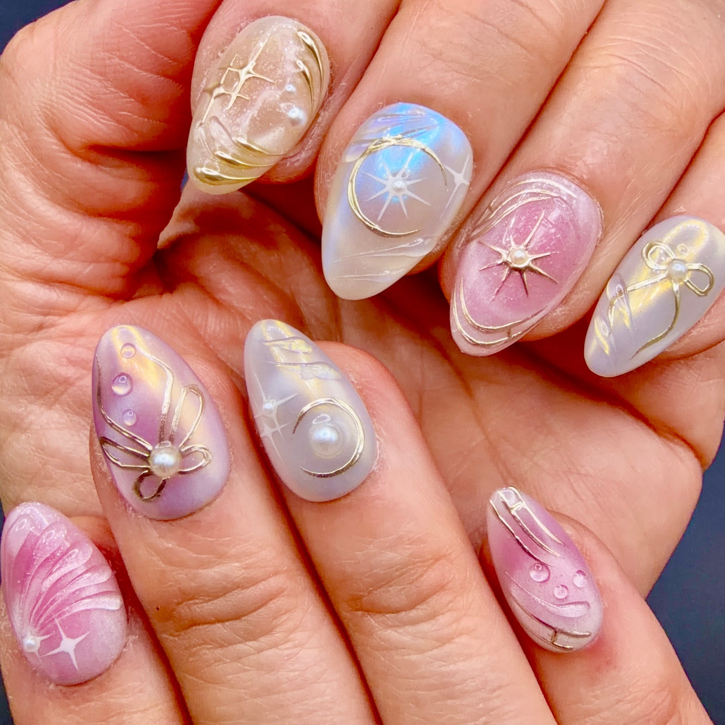 Pearl Moonlight Pink Celestial Press-On Nails | Gold Bow & Star Nails