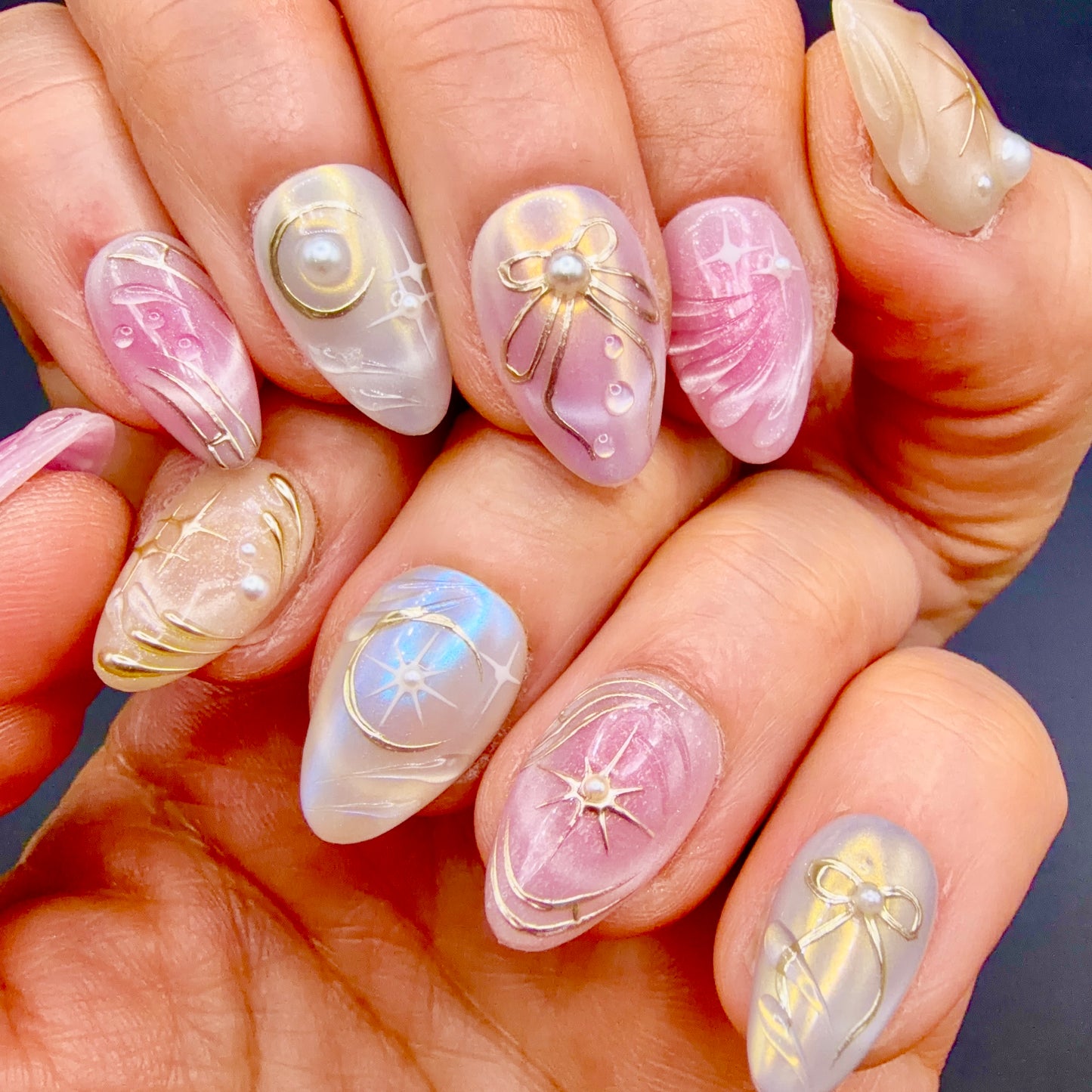 Pearl Moonlight Pink Celestial Press-On Nails | Gold Bow & Star Nails