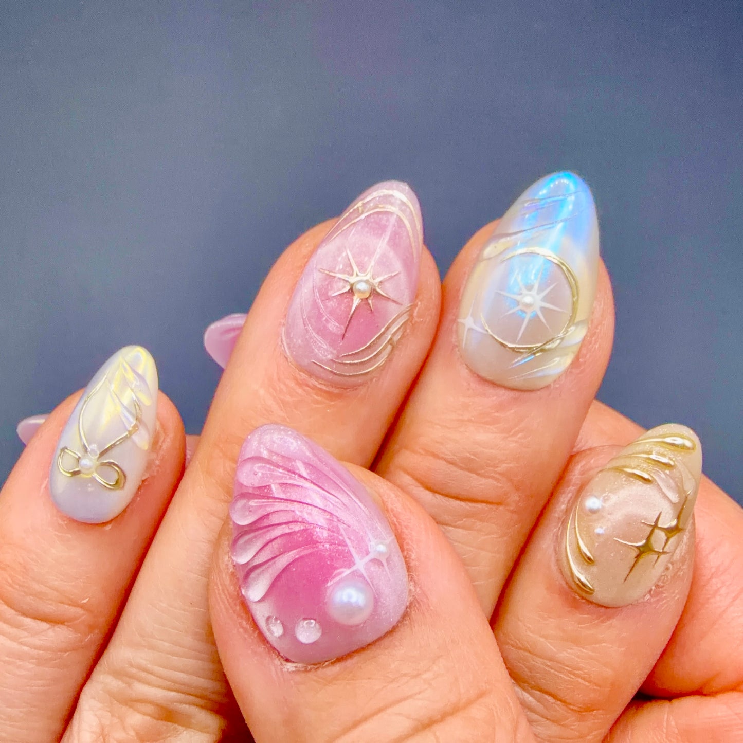 Pearl Moonlight Pink Celestial Press-On Nails | Gold Bow & Star Nails