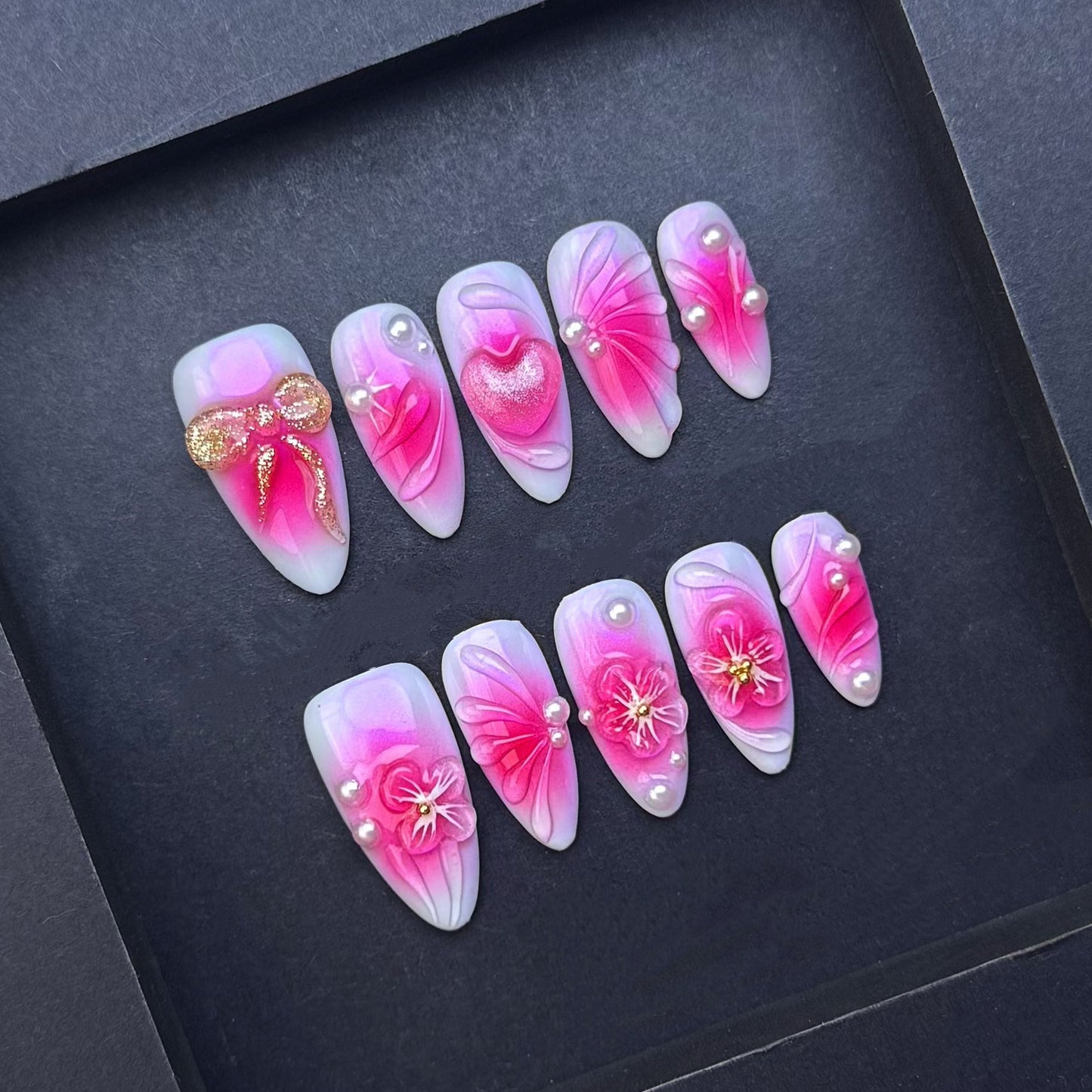 Pink Floral Bow Press-On Nails | 3D Flower Pearl Nails | Fuchsia Ombre Luxury False Nails