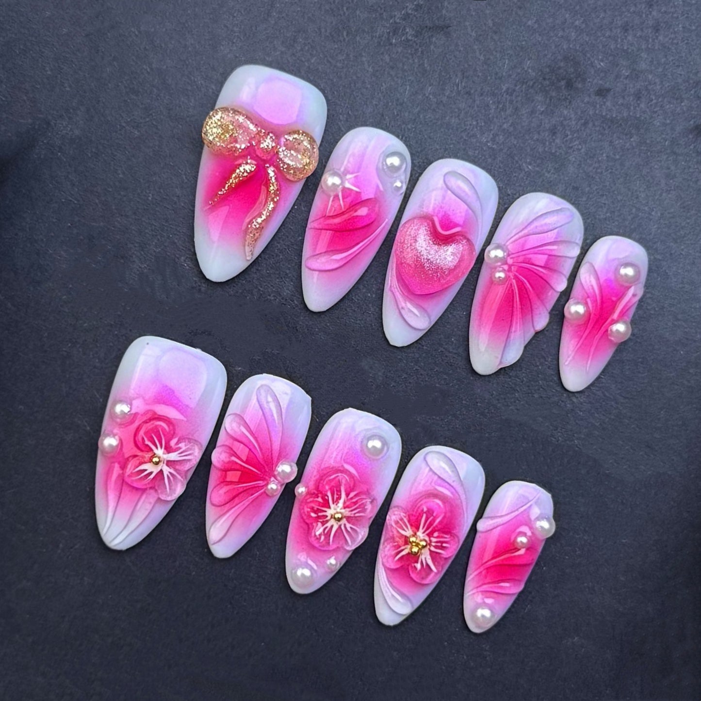 Pink Floral Bow Press-On Nails | 3D Flower Pearl Nails | Fuchsia Ombre Luxury False Nails