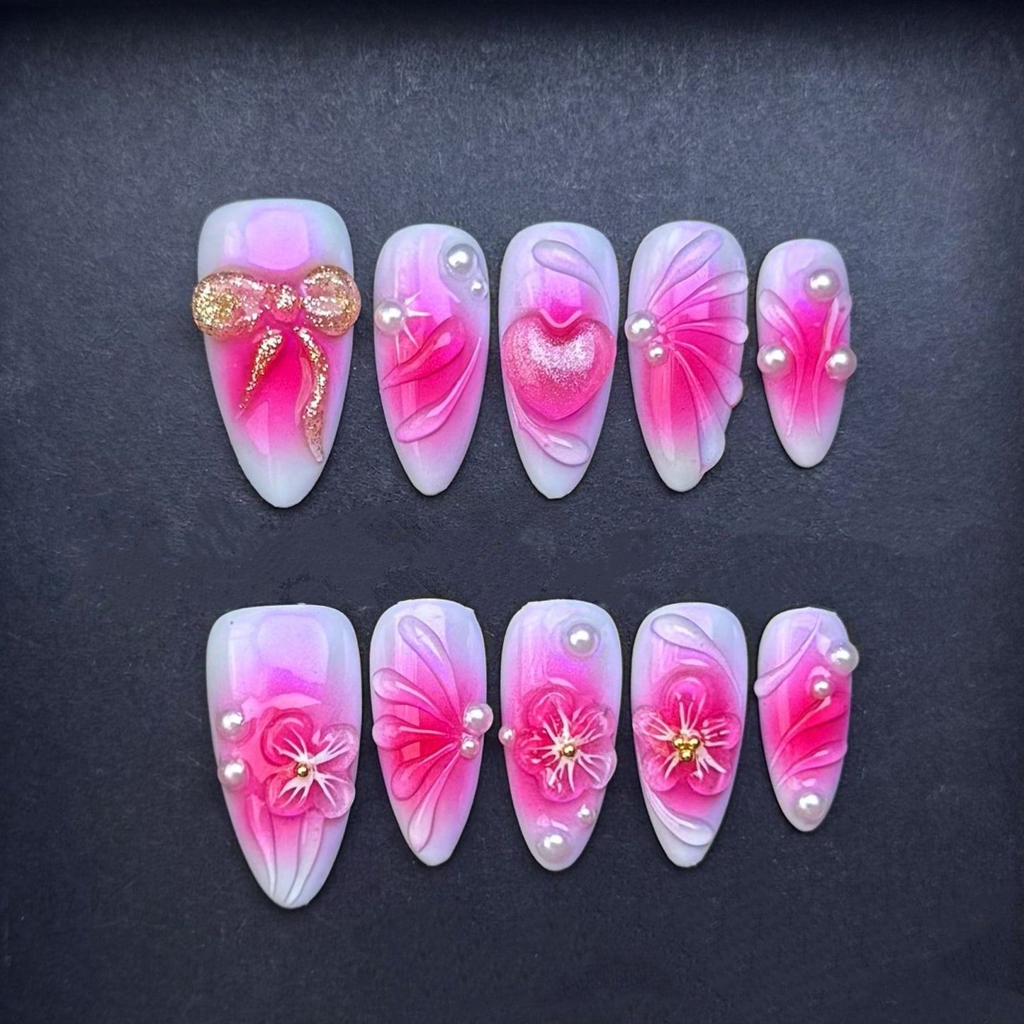Pink Floral Bow Press-On Nails | 3D Flower Pearl Nails | Fuchsia Ombre Luxury False Nails