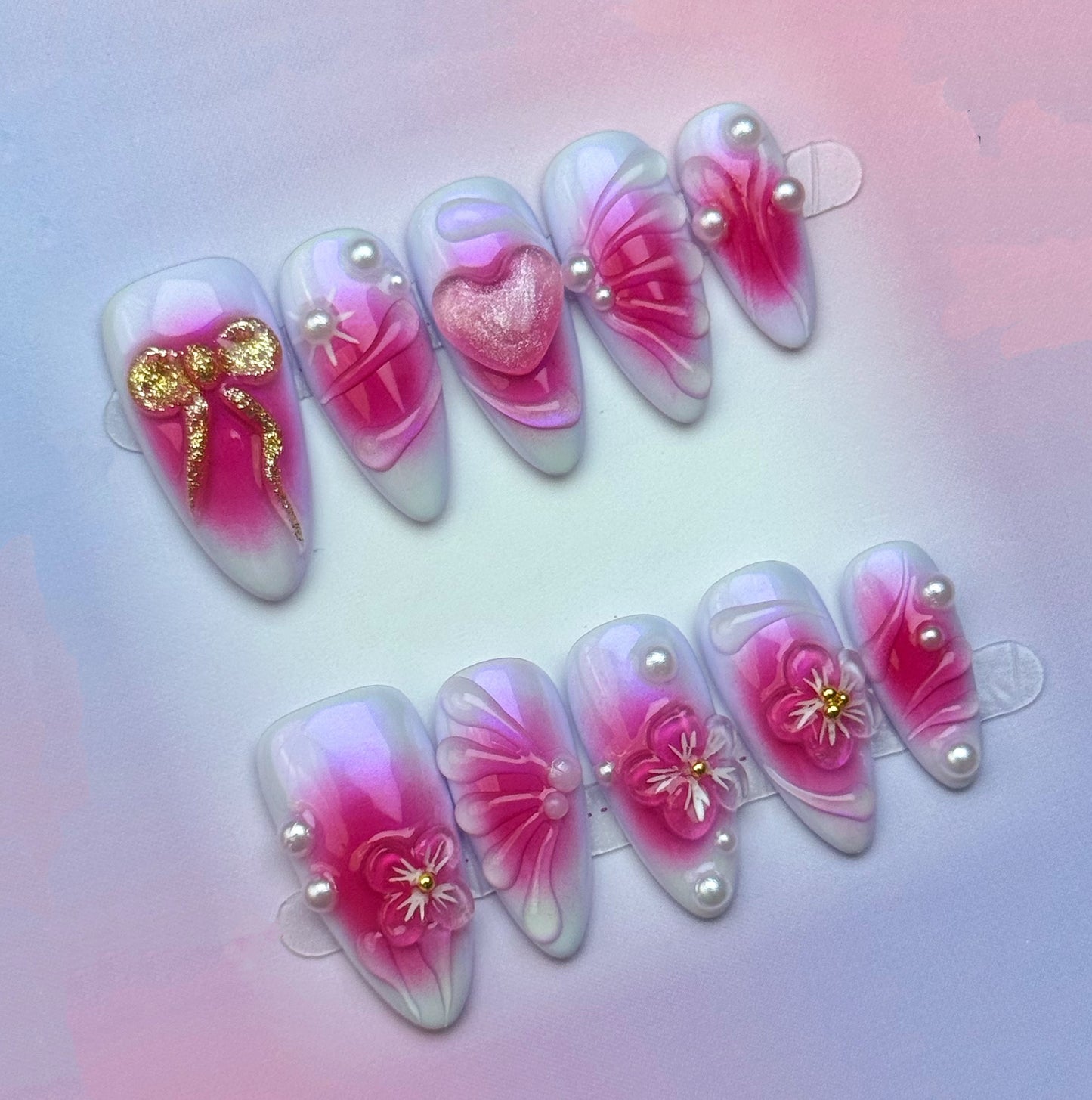 Pink Floral Bow Press-On Nails | 3D Flower Pearl Nails | Fuchsia Ombre Luxury False Nails