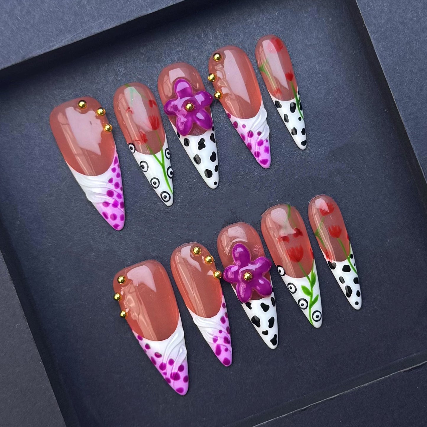 Modern Tulip 3D Flower Press-On Nails | Abstract Polka Dot Nails