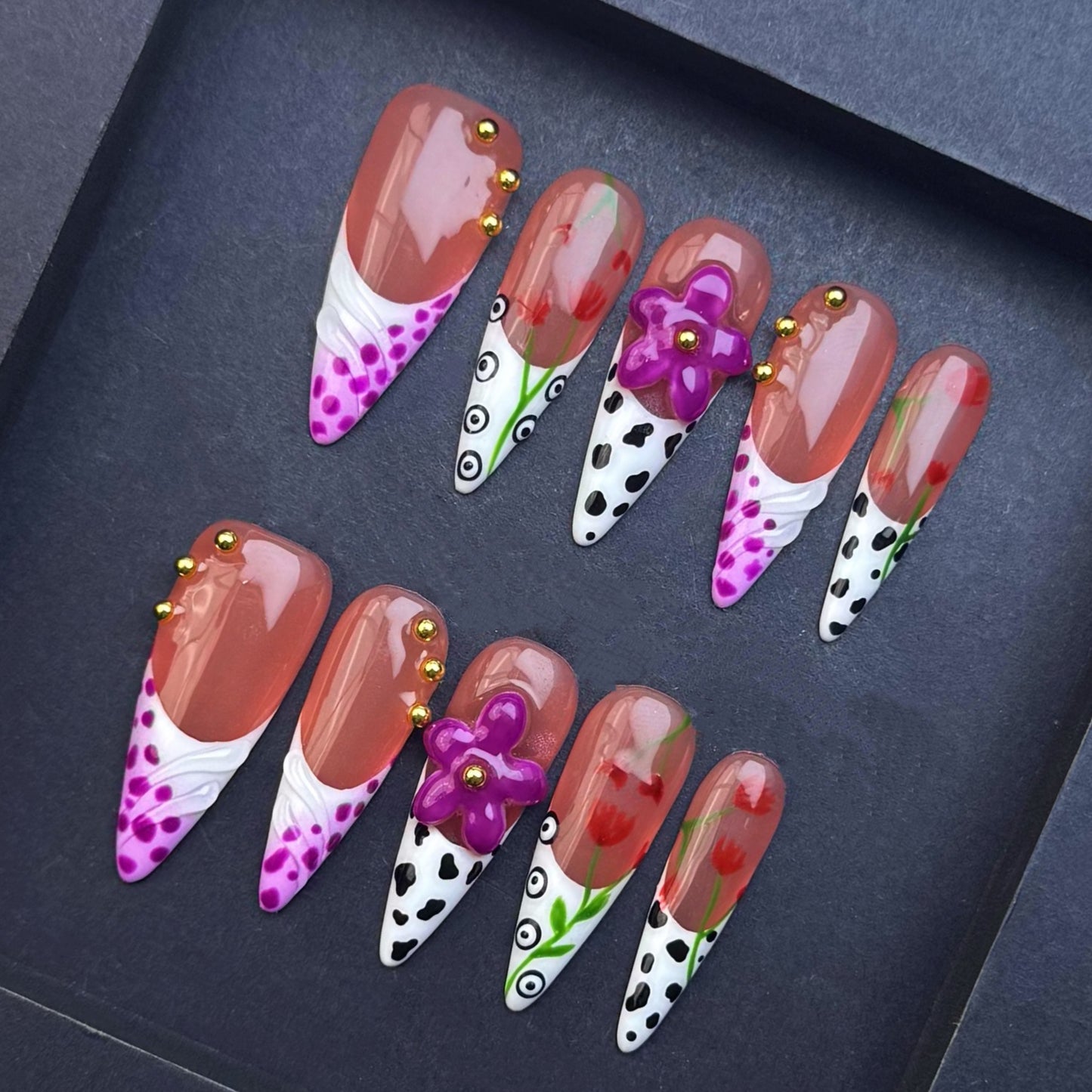 Modern Tulip 3D Flower Press-On Nails | Abstract Polka Dot Nails