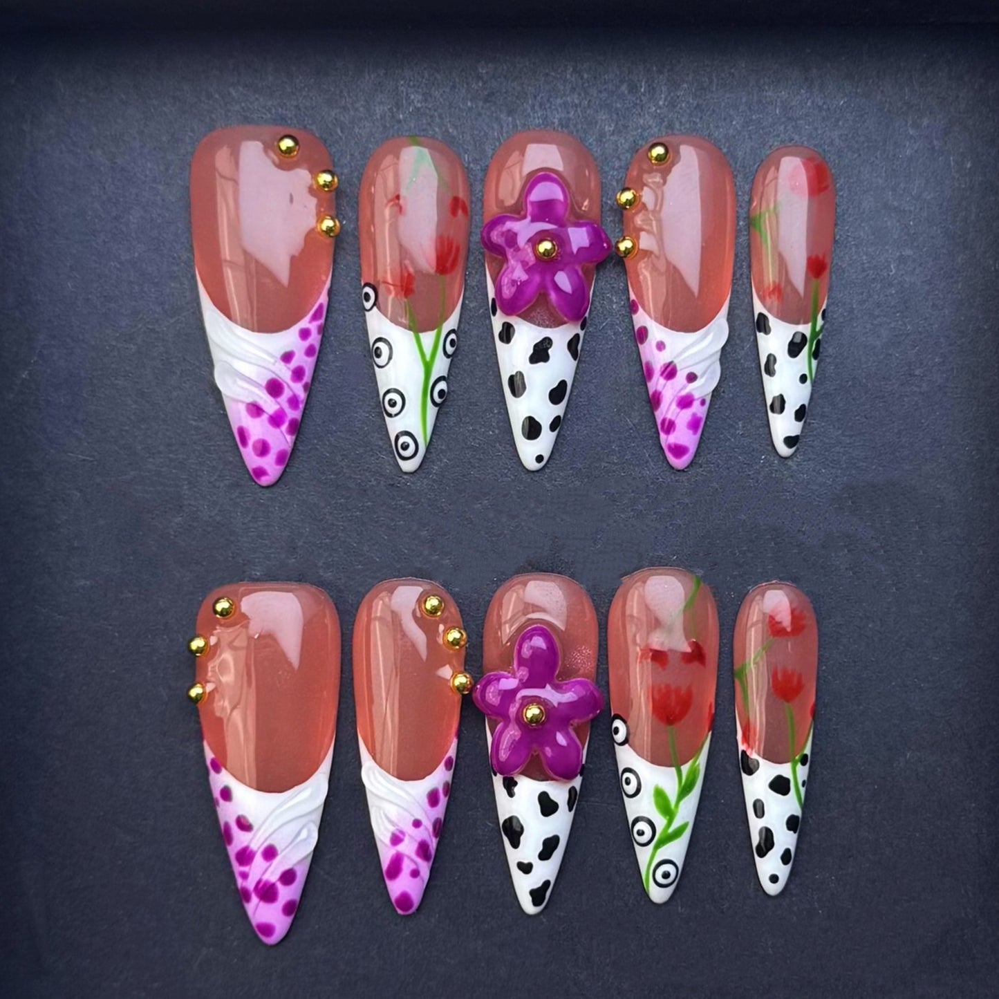 Modern Tulip 3D Flower Press-On Nails | Abstract Polka Dot Nails