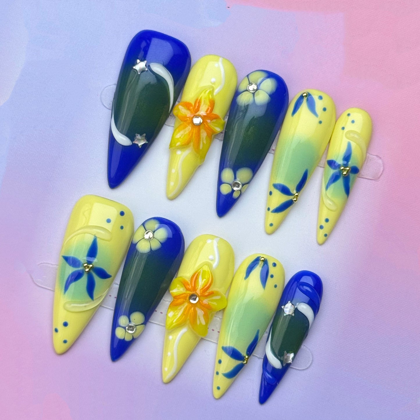 Midnight Garden Blue & Yellow 3D Floral Press-On Nails