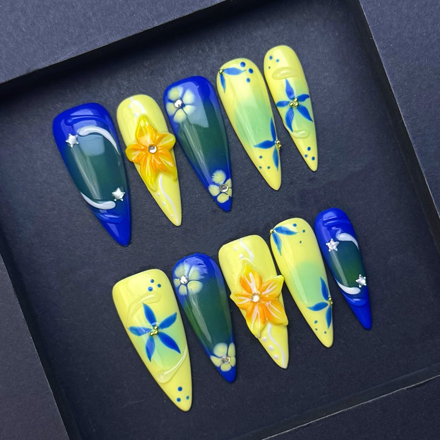 Midnight Garden Blue & Yellow 3D Floral Press-On Nails