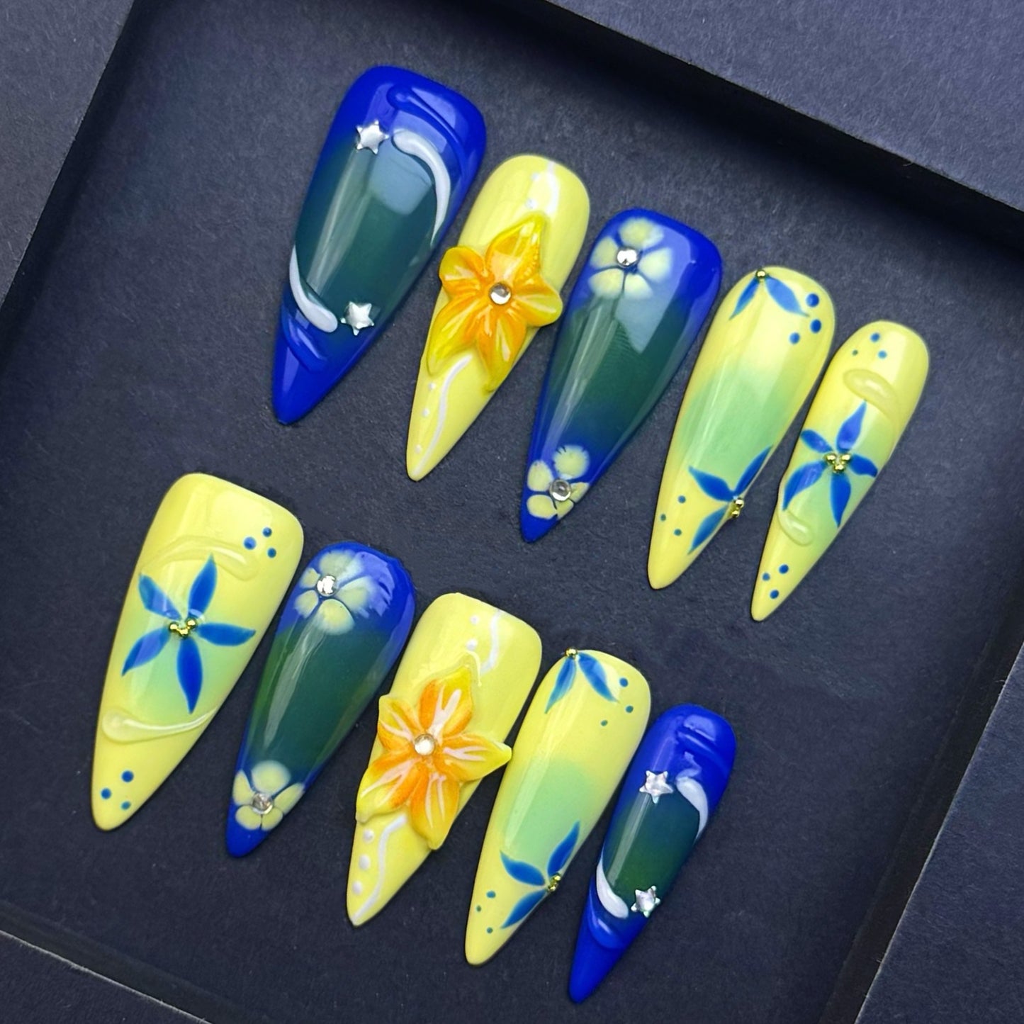 Midnight Garden Blue & Yellow 3D Floral Press-On Nails