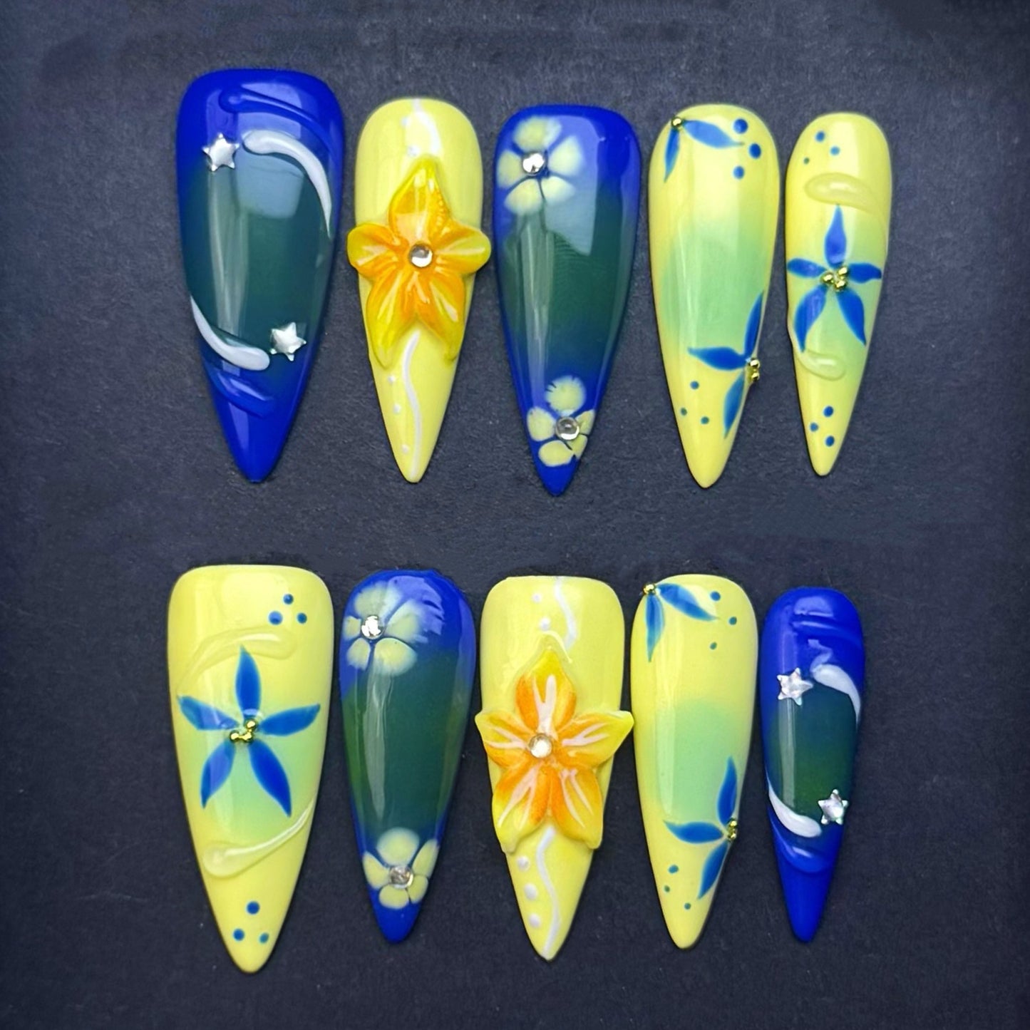 Midnight Garden Blue & Yellow 3D Floral Press-On Nails