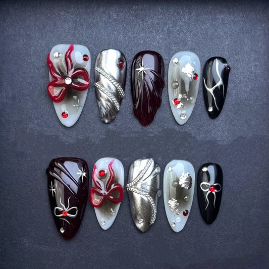 Burgundy Chrome Bow Press-On Nails | Silver Metallic Black Almond False Nails | Luxury Gothic Manicure