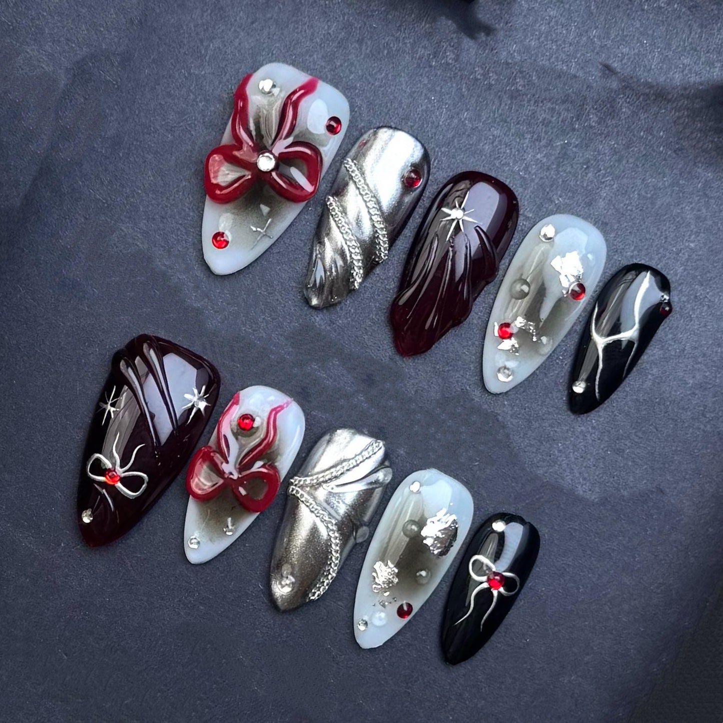 Burgundy Chrome Bow Press-On Nails | Silver Metallic Black Almond False Nails | Luxury Gothic Manicure