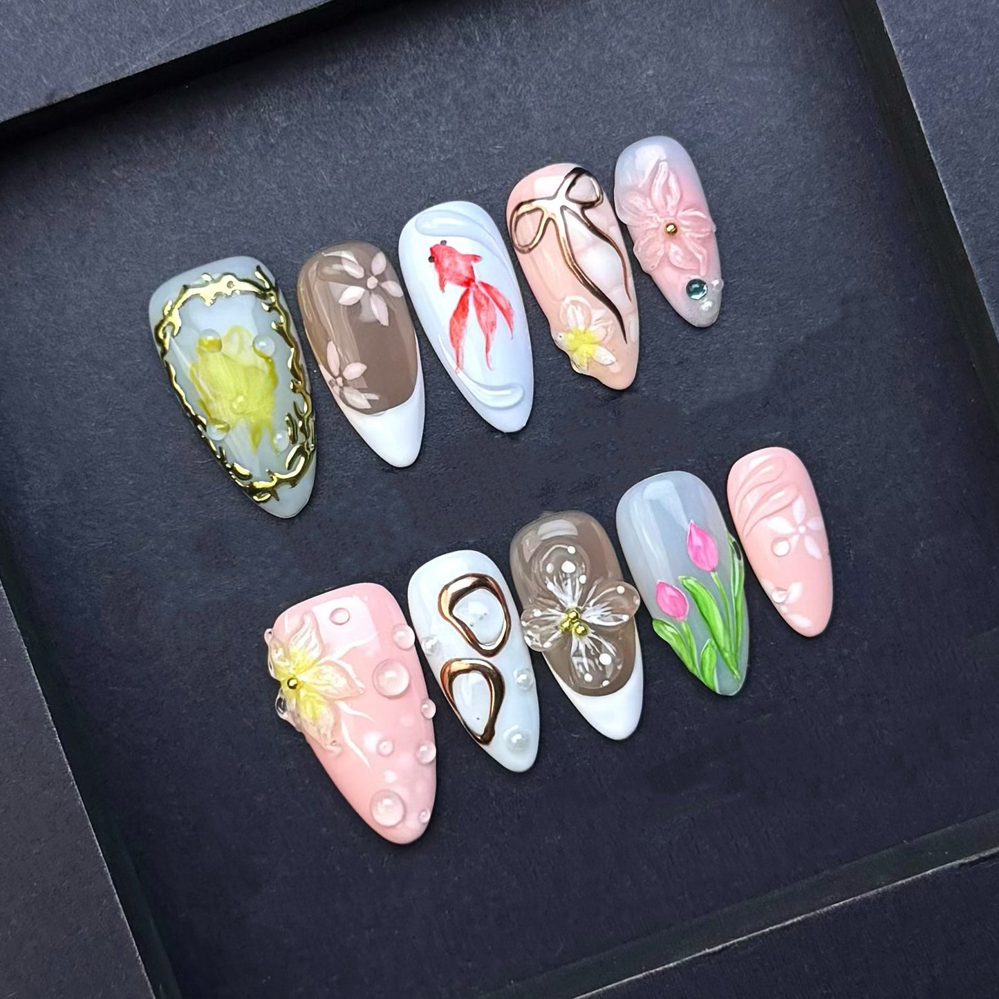 Japanese Garden Goldfish Press-On Nails | Floral Bow Tulip Almond False Nails | Spring Art Manicure