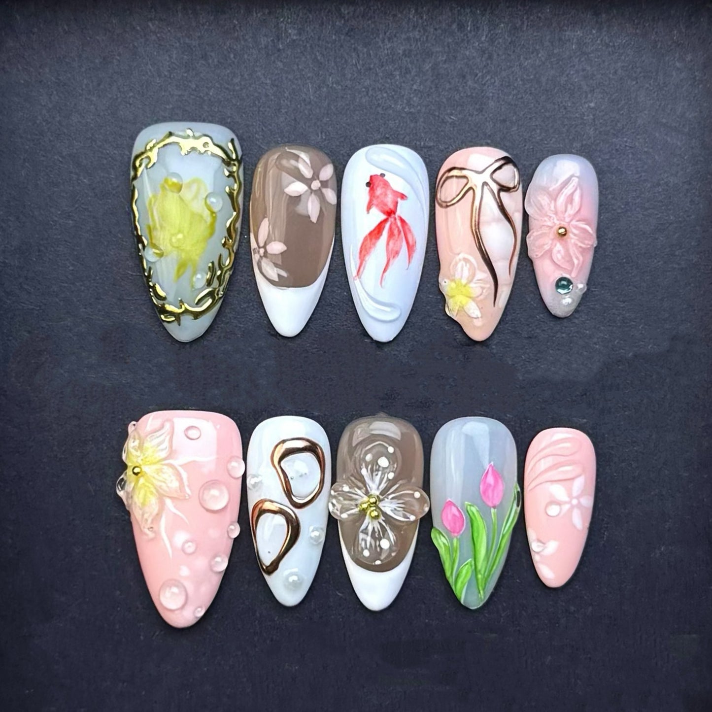 Japanese Garden Goldfish Press-On Nails | Floral Bow Tulip Almond False Nails | Spring Art Manicure