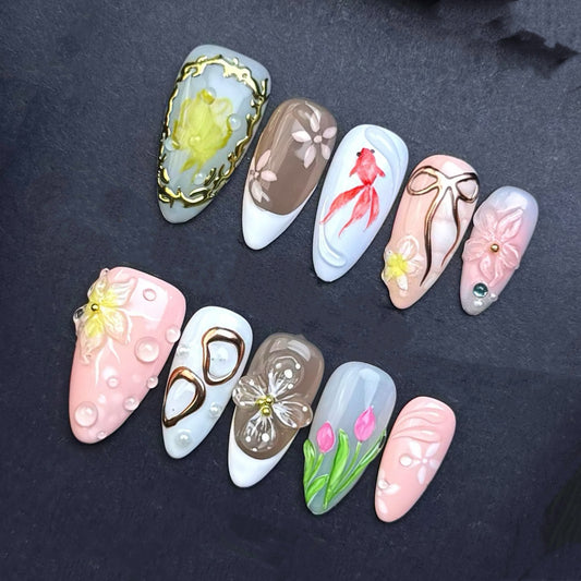 Japanese Garden Goldfish Press-On Nails | Floral Bow Tulip Almond False Nails | Spring Art Manicure