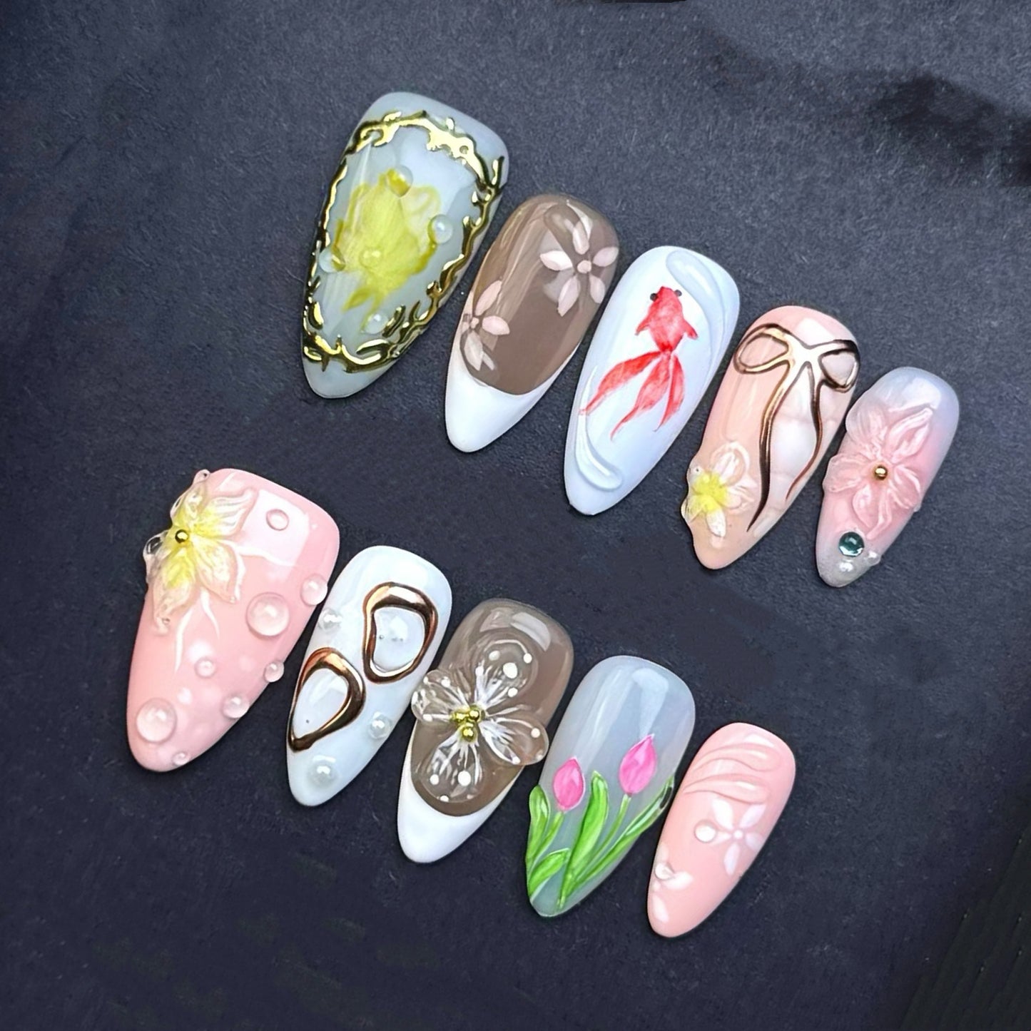 Japanese Garden Goldfish Press-On Nails | Floral Bow Tulip Almond False Nails | Spring Art Manicure