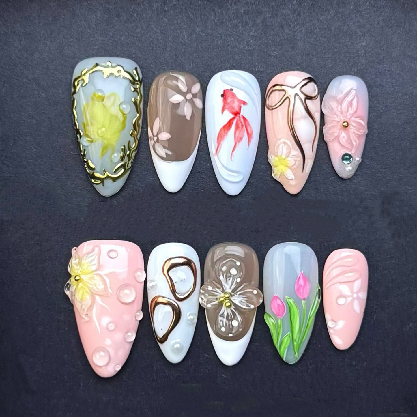 Japanese Garden Goldfish Press-On Nails | Floral Bow Tulip Almond False Nails | Spring Art Manicure