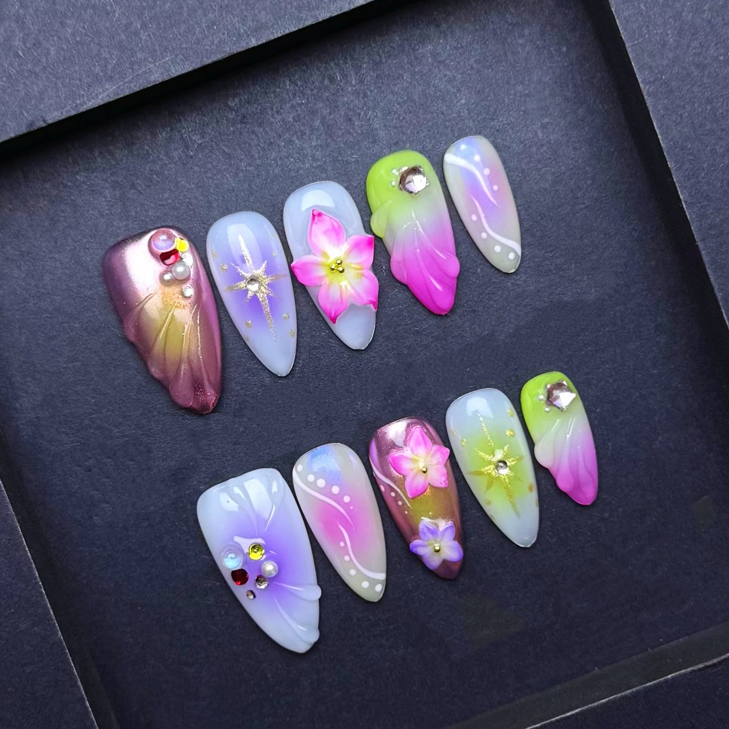 Aurora Tropical Blossom Press-On Nails | Pink Green Ombre Floral Almond False Nails | Chrome Paradise Manicure